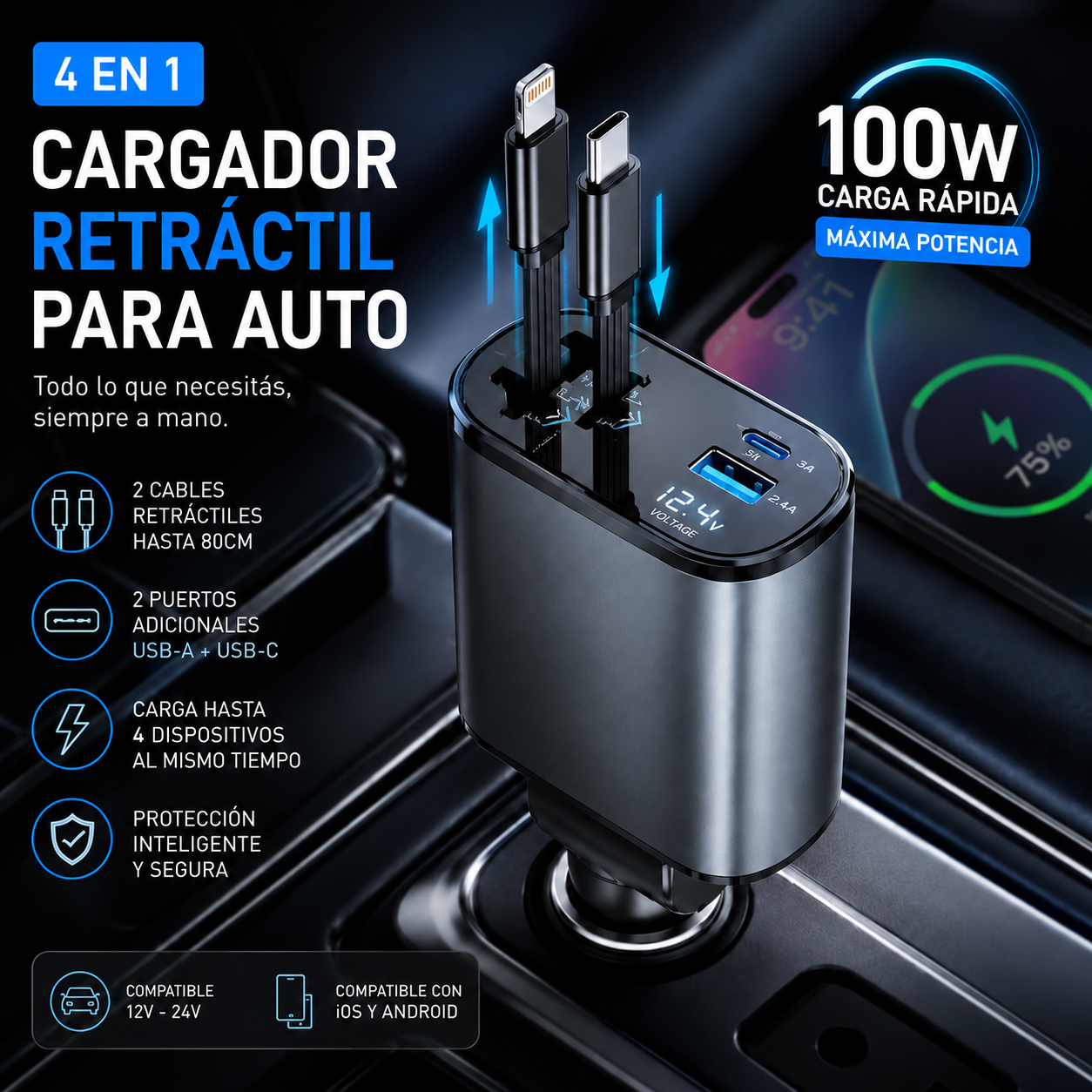 Cargador de Coche de Metal de 100W con Puertos USB Tipo-C y Lightning de Carga Rápida