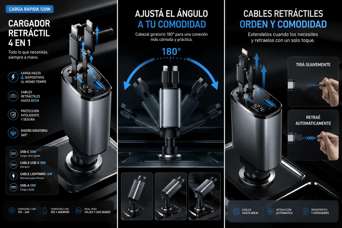 Cargador Retráctil para Auto USB-C