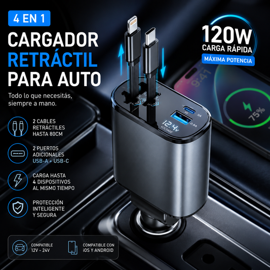 Cargador Retráctil para Auto USB-C