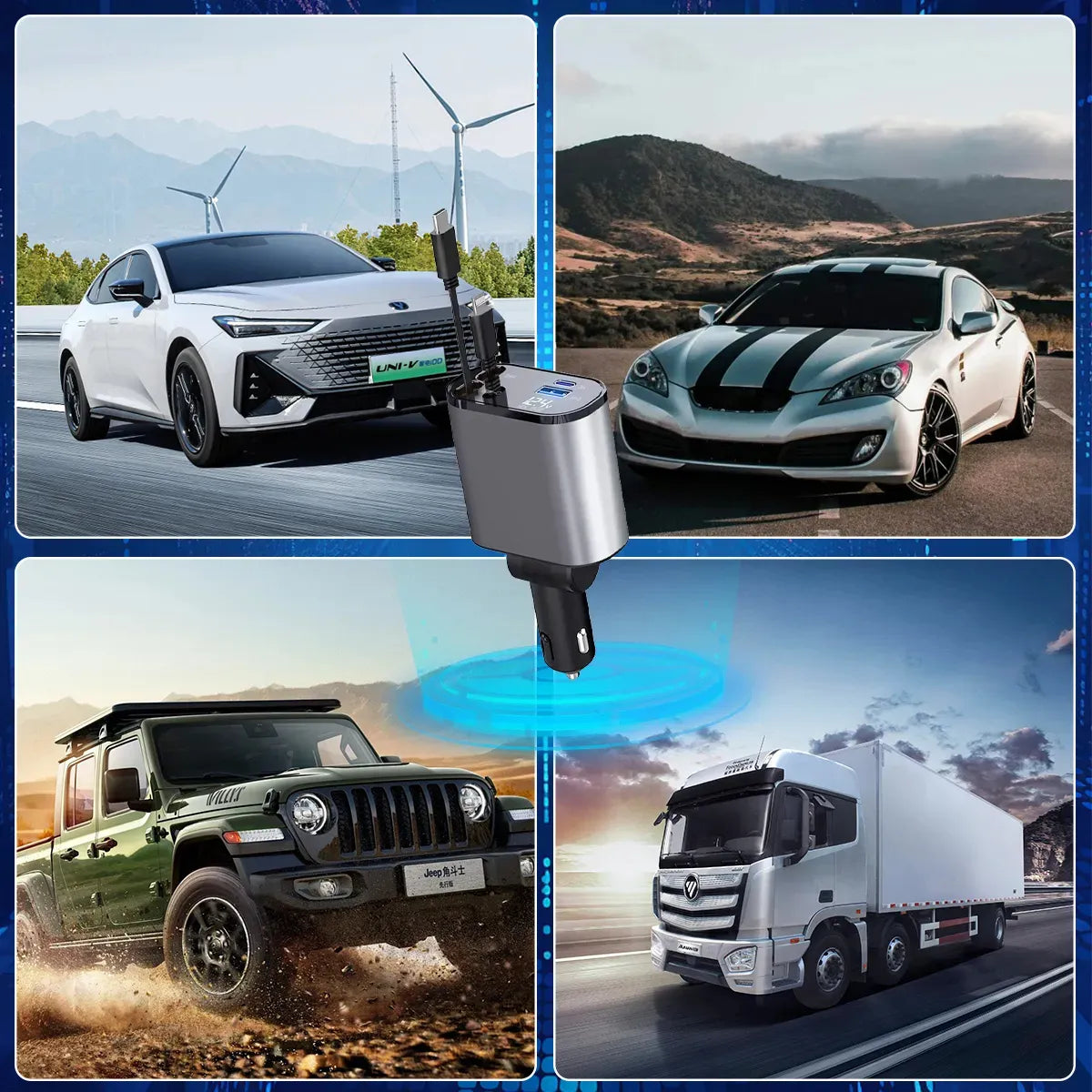 Cargador de Coche de Metal de 100W con Puertos USB Tipo-C y Lightning de Carga Rápida