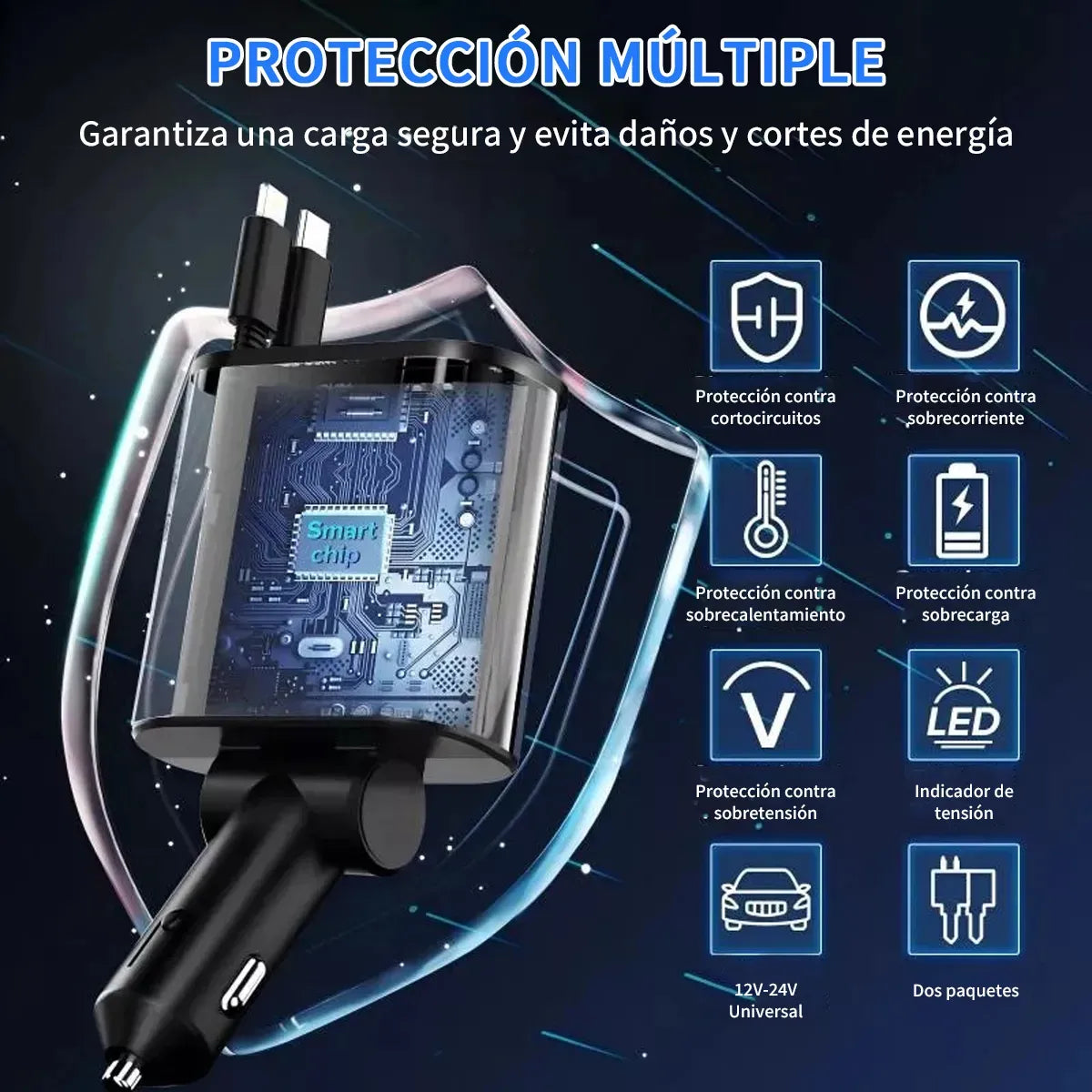 Cargador de Coche de Metal de 100W con Puertos USB Tipo-C y Lightning de Carga Rápida