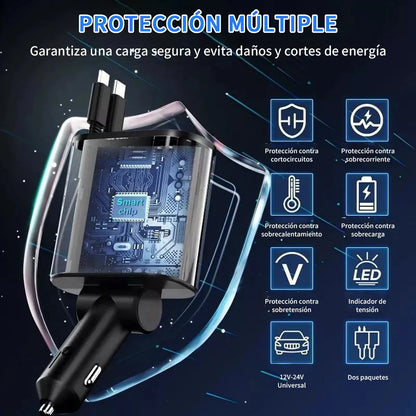 Cargador de Coche de Metal de 100W con Puertos USB Tipo-C y Lightning de Carga Rápida